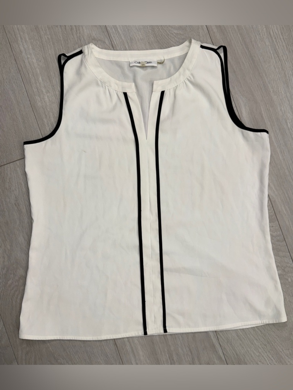 Calvin Klein White Sleeveless Shell with Black Piping